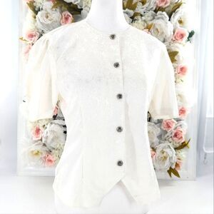 Paper Dolls Ivory Satin Floral Puff Shoulder Button Down Blouse Size Medium